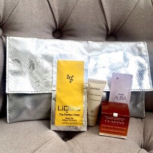 🩶 Saks fifth ave metallic silver case pouch clutch makeup sample aveda Clarins